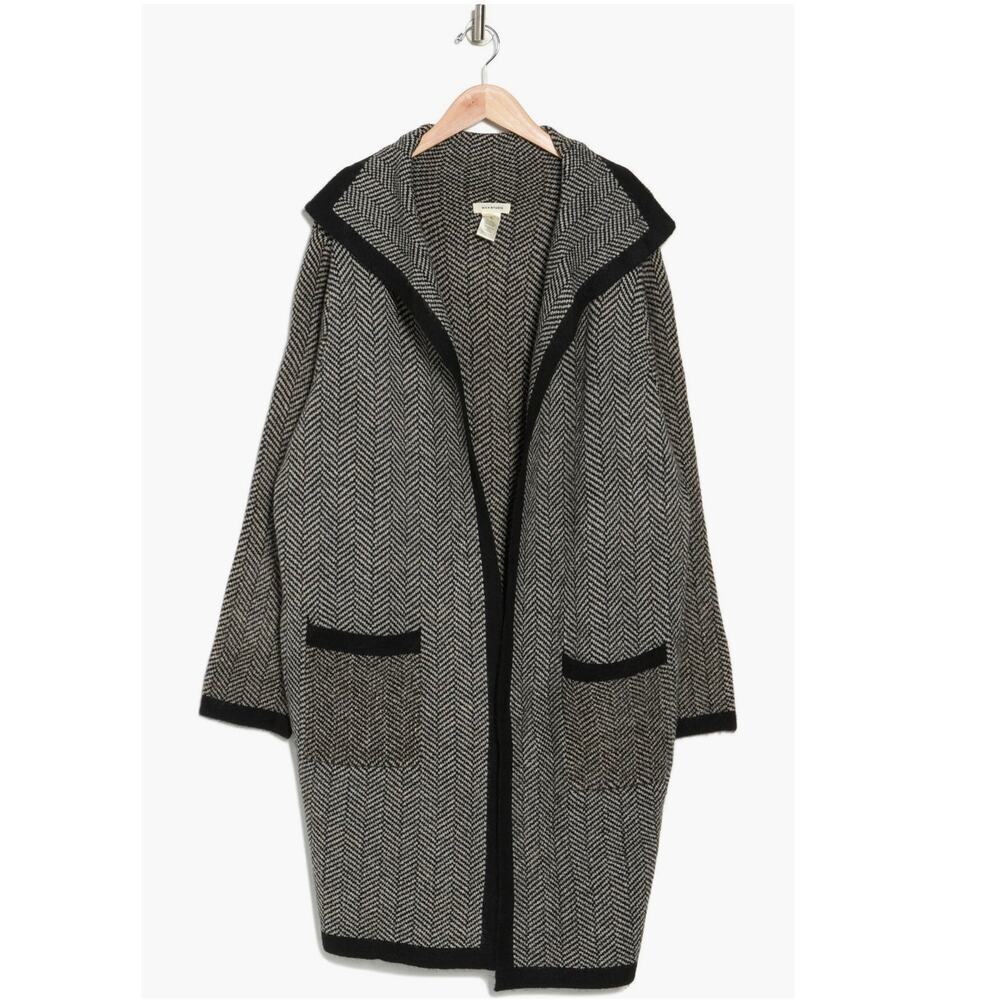Max Studio Gray Black Herringbone Open Front Long Cardigan Sweater Size L - Picture 2 of 4